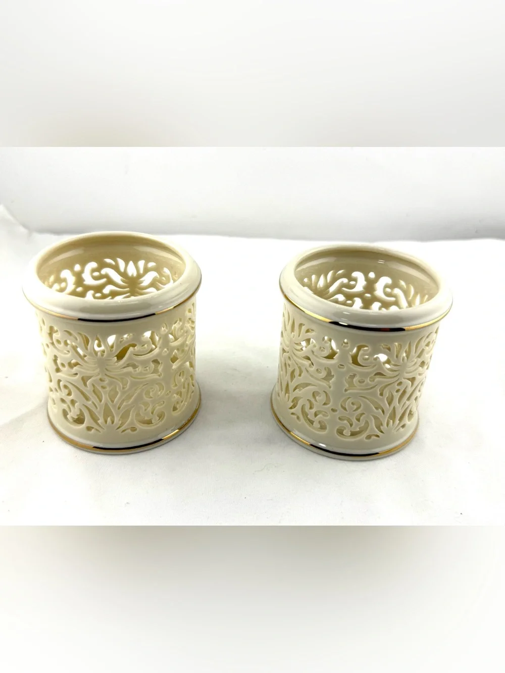 Lenox Cream and Gold Pierced China Votive Holders, Pair
